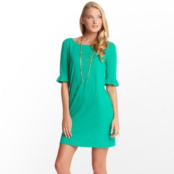 Lilly Pulitzer Small Somerset Emerald Solid Green Dress Mini Dress Ruffle Sleeve - Picture 1 of 8